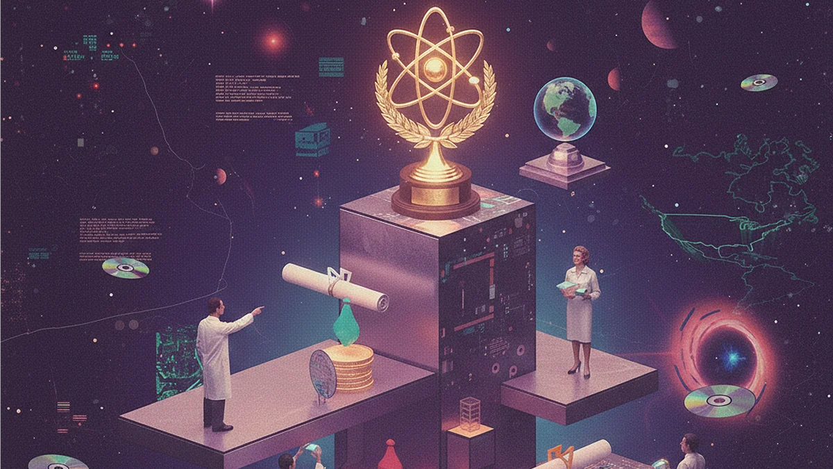 Security researchers in a cosmic workspace centered around a golden atomic achievement trophy, surrounded by data visualizations and global connectivity symbols.