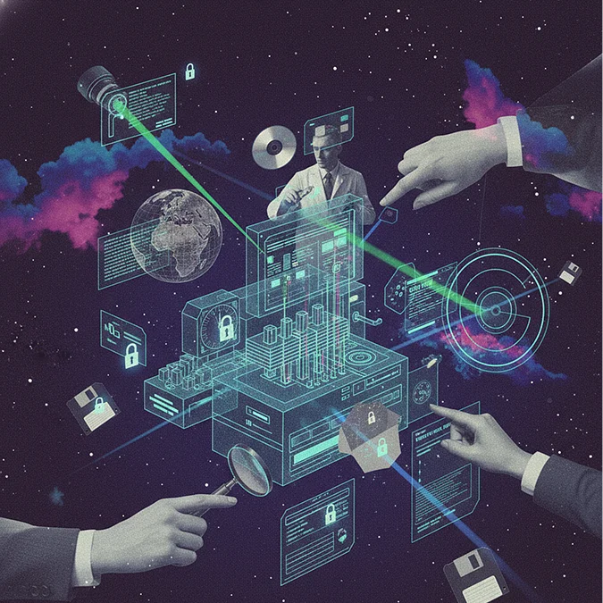 Illustration of a digital AI system surrounded by security dashboards, lock icons, and scanning tools, representing free AI model security scans and proactive risk detection.
